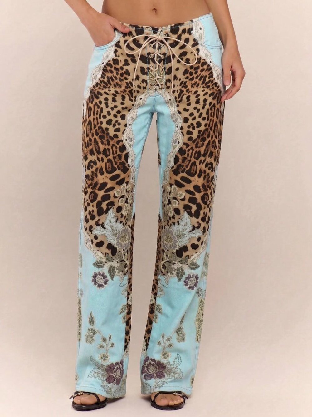 Blue Casual Women's Leopard Print Lace Up Straight Leg Printed Jeans - Picture 3 of 5